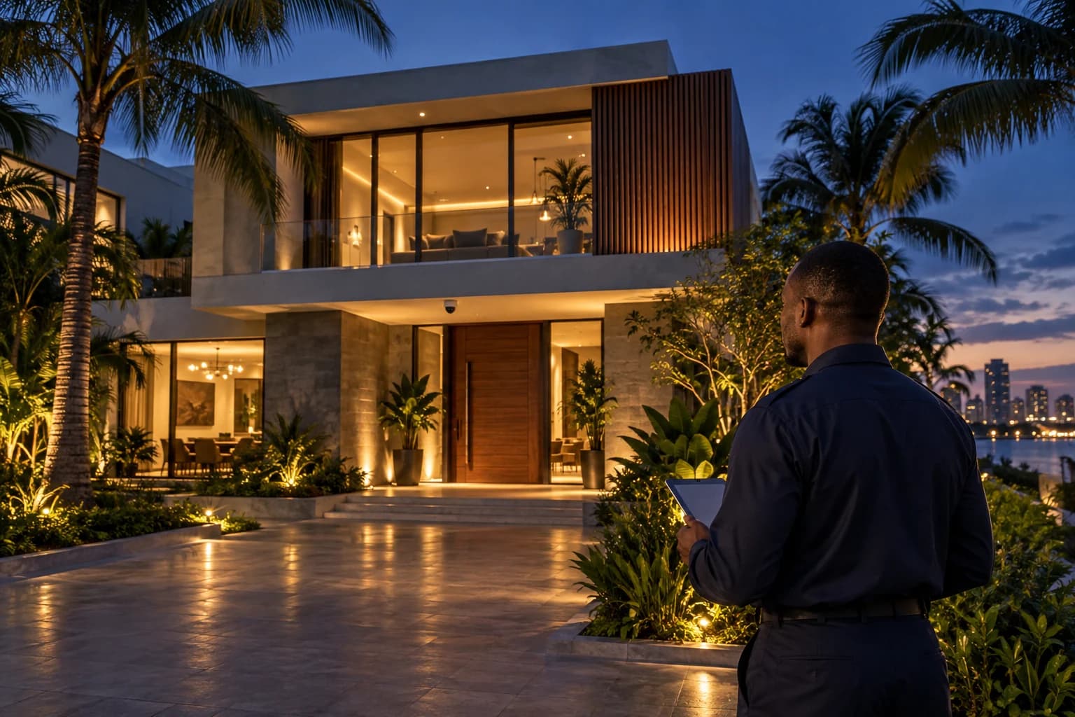Illustration SECUR-CI : agent de sécurité devant une villa contemporaine à Abidjan, à la tombée de la nuit